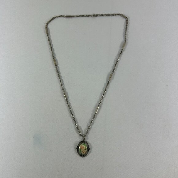 Vtg Yellow Rose Oval Pendant Cameo Style Necklace Silver Tone Ornate Cottagecore - Picture 4 of 11